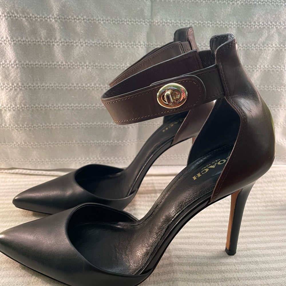 Coach Two Tone Dark Brown/Black Leather Women's Ankle Strap Heels, Size 8.5